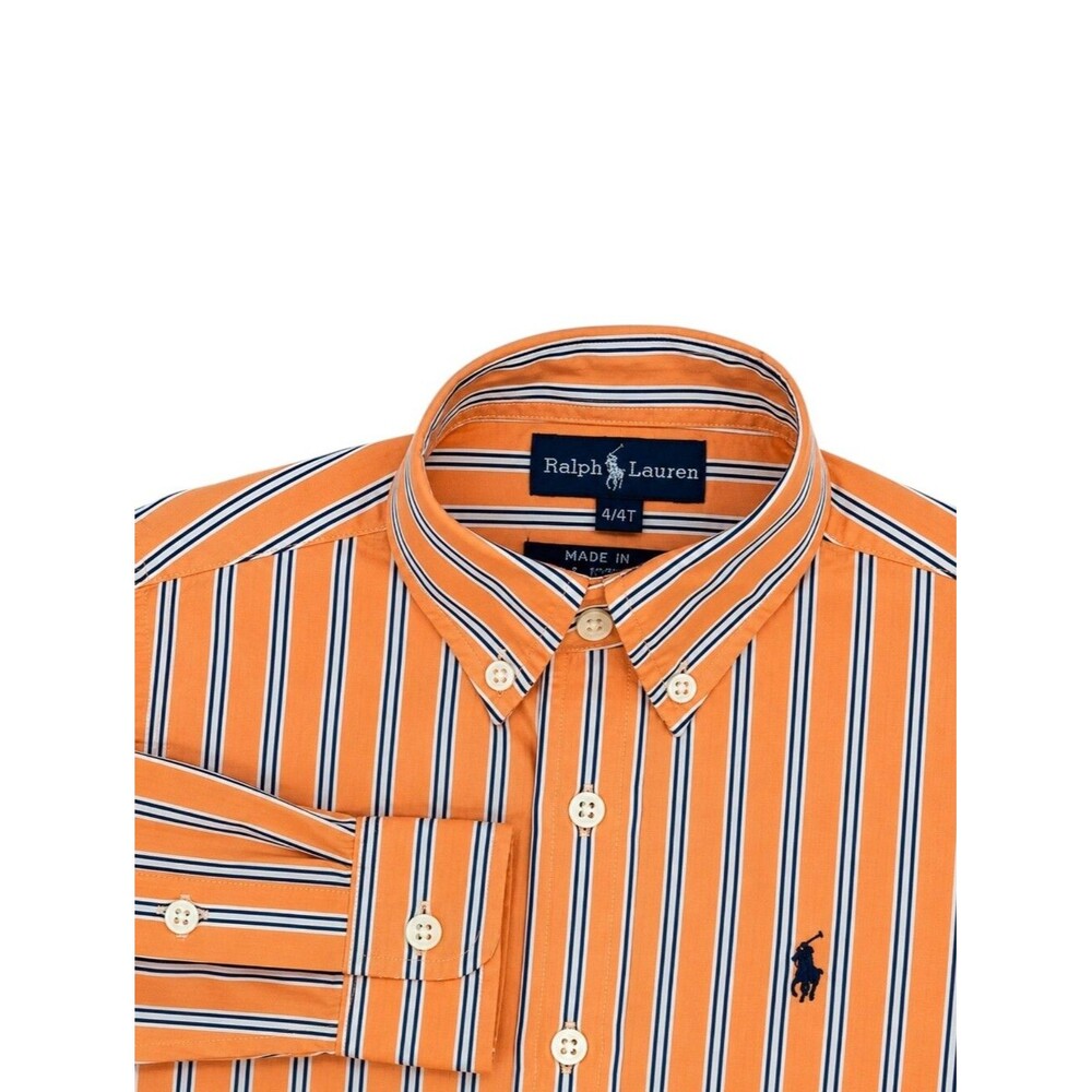 Ralph Lauren Orange White Striped Button Down Up Oxford Church Shirt Boys Size 4